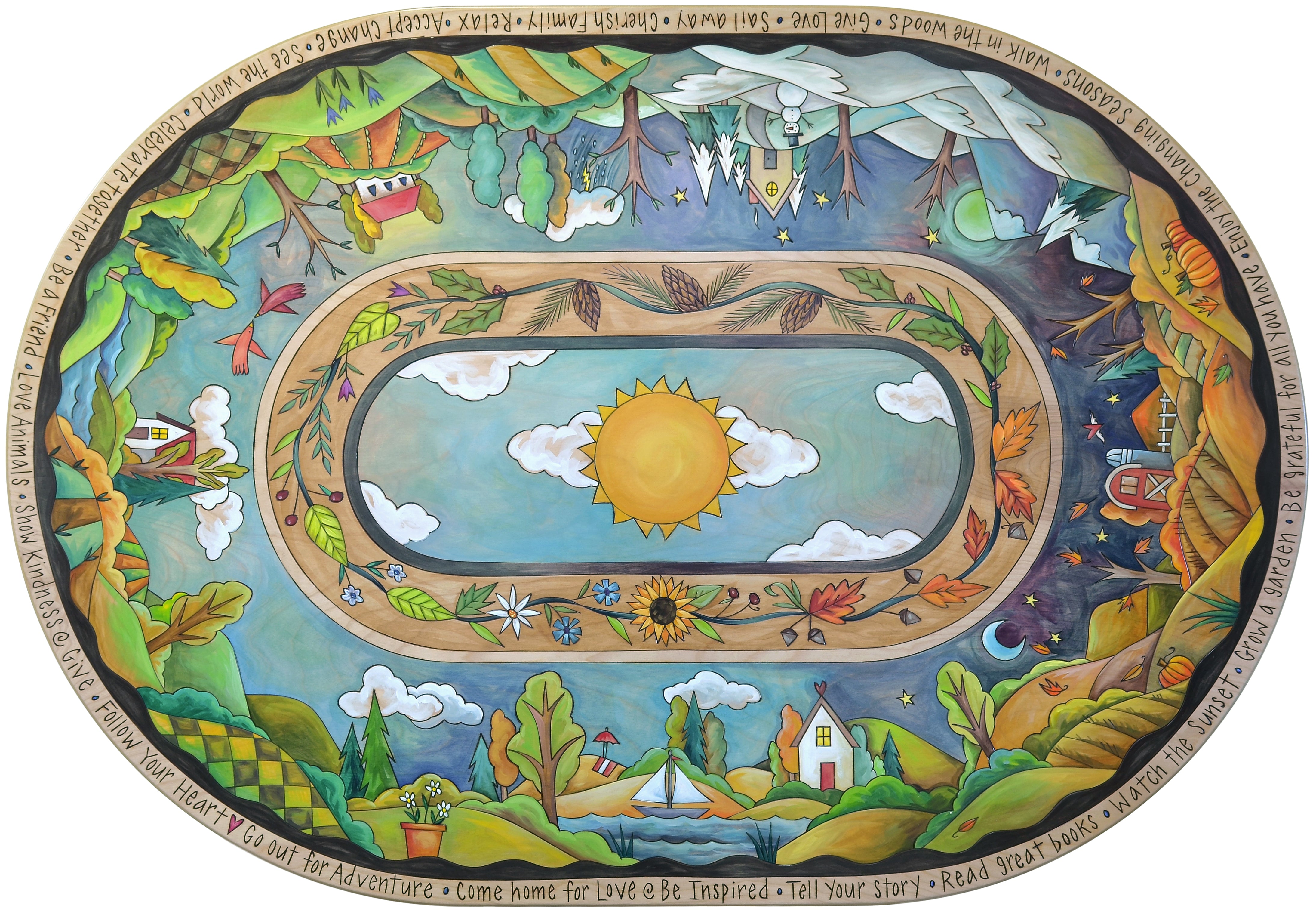 Decorative round dining table with artistic design on a white background featuring a changing seasons motif