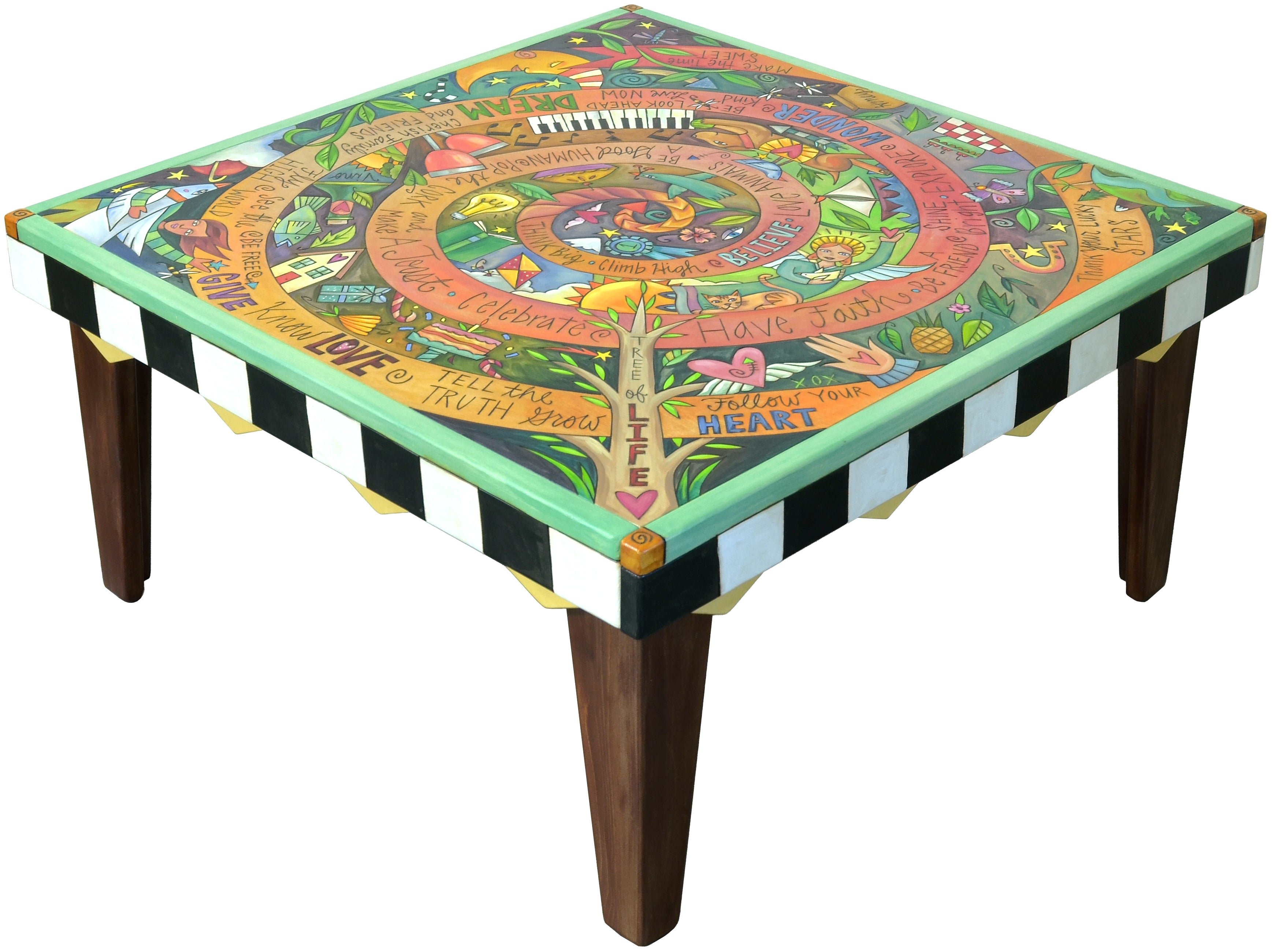 Colorful coffee table with intricate design and text on a white background