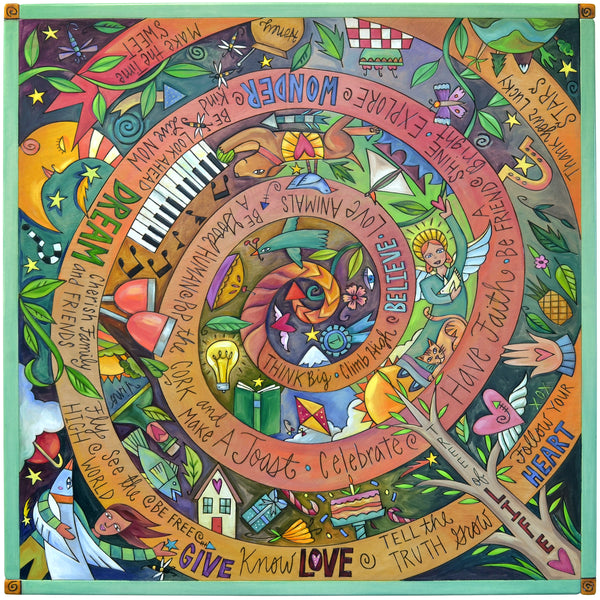 Colorful coffee table top with intricate spiral design and text on a white background