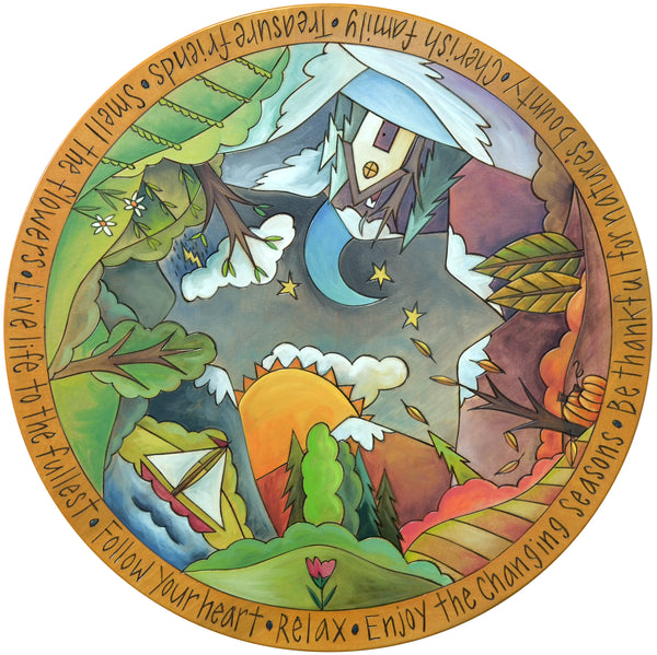Hand painted Lazy susan with nature scenes and motivational phrases on a white background