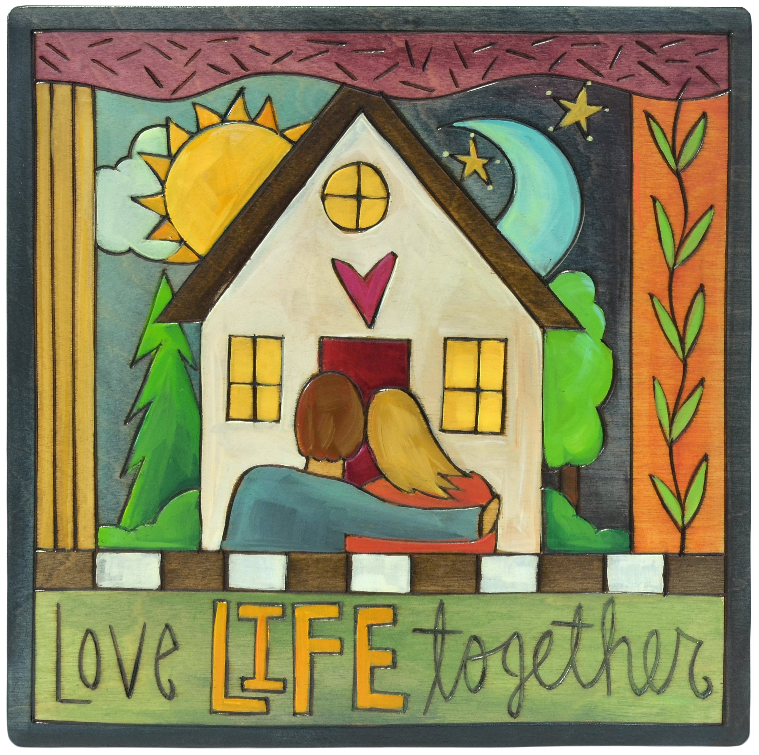 Decorative plaque with a house, couple, and 'Love Life Together' text against a colorful background.