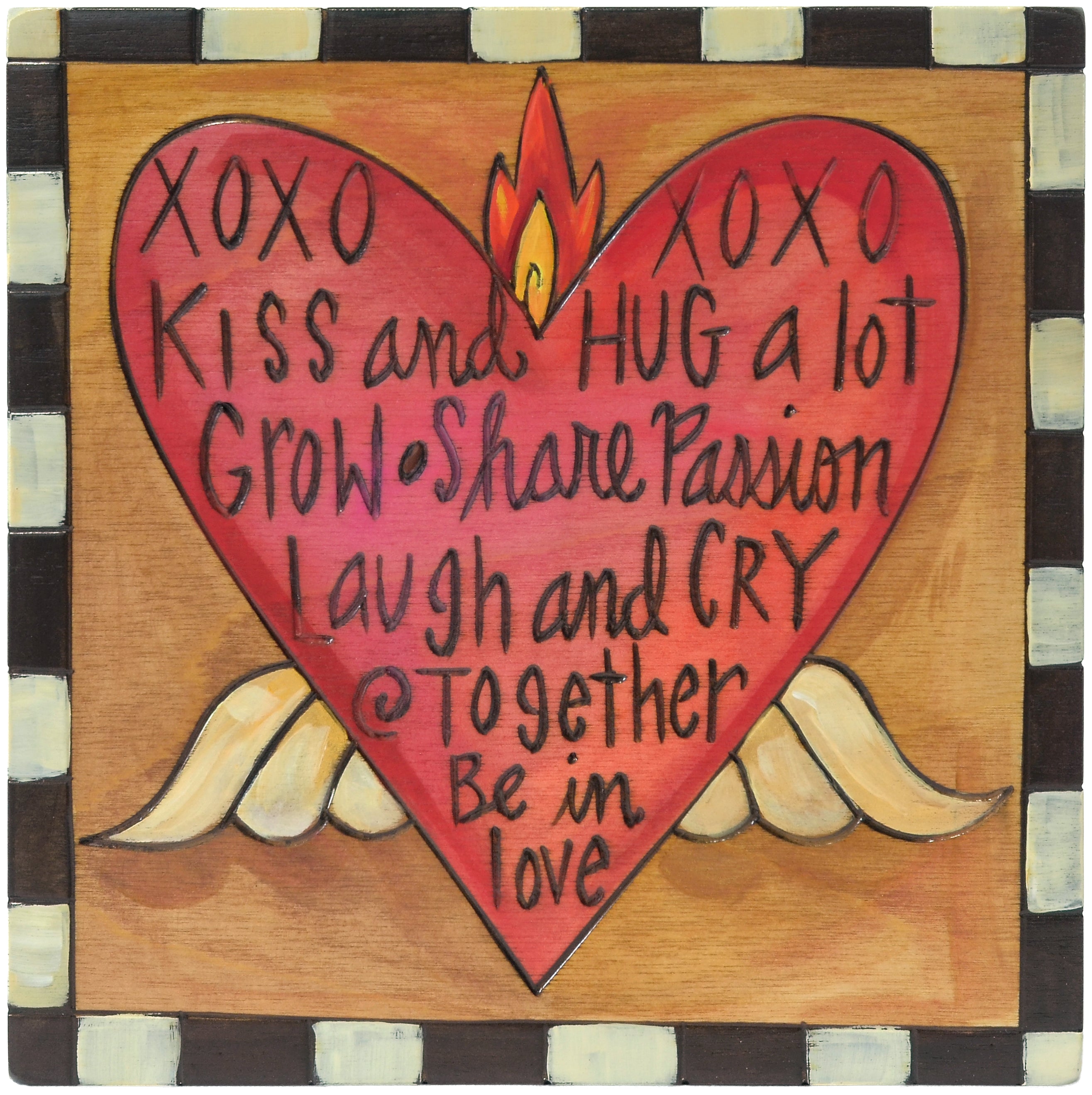 Decorative plaque with a heart and romantic phrases on a checkered background