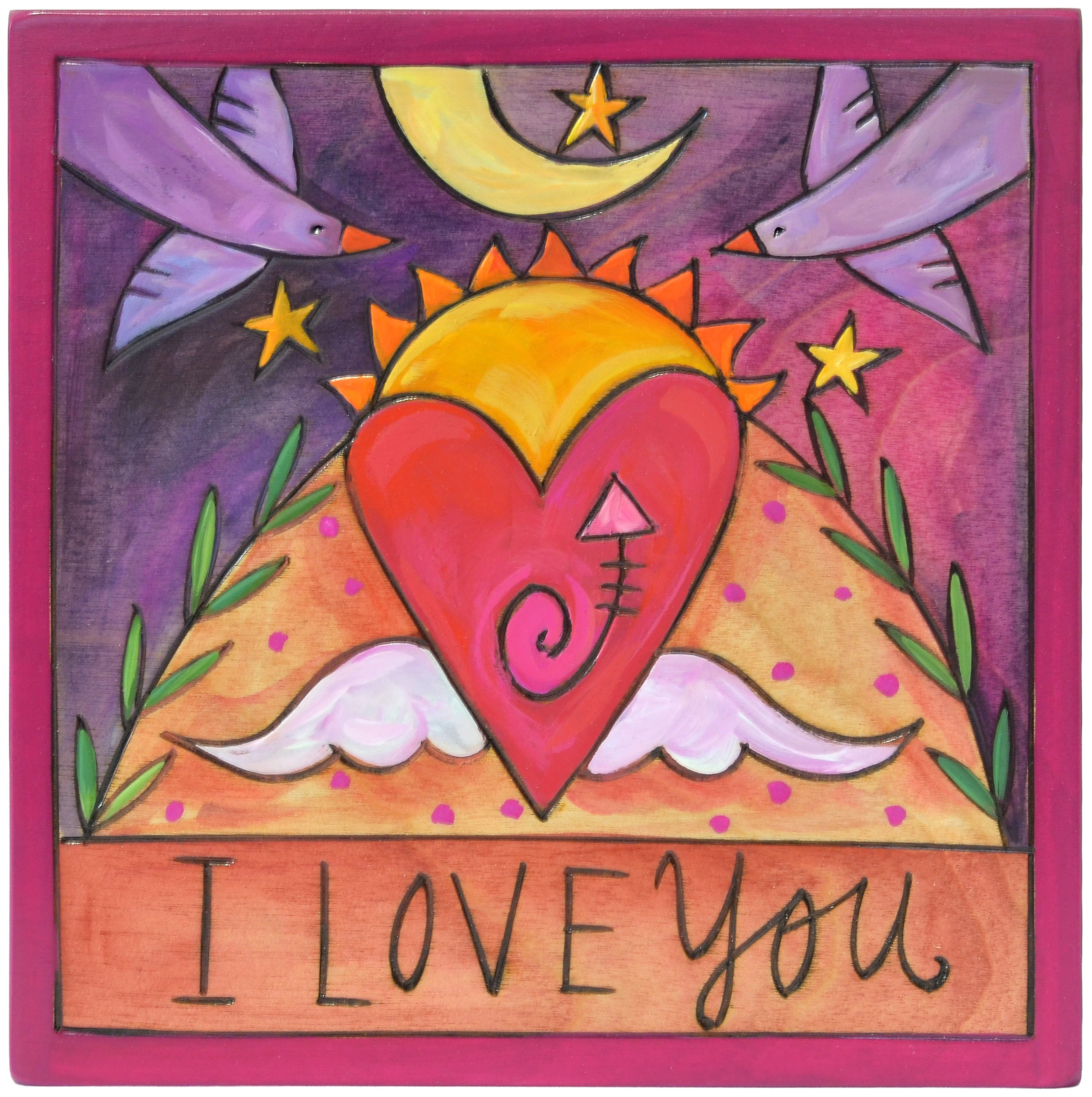 Colorful wall plaque with a heart, sun, and birds, featuring the text 'I LOVE YOU'.
