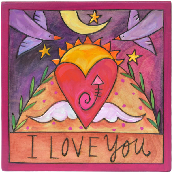 Colorful wall plaque with a heart, sun, and birds, featuring the text 'I LOVE YOU'.