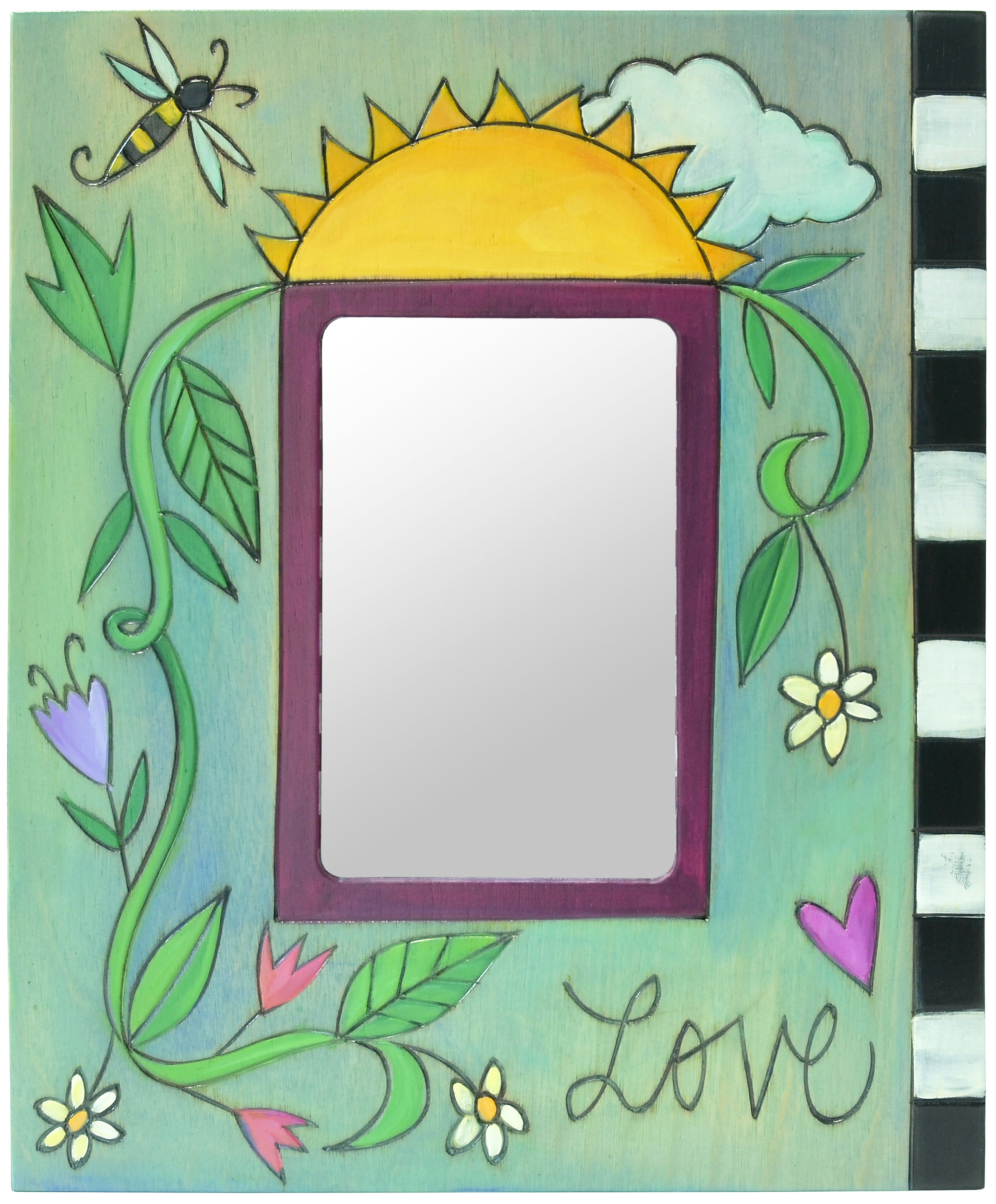Decorative, hand painted picture frame with a bee, sun, flower, and 'Love' text