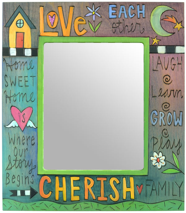 Decorative, hand painted picture frame painted in a cool palette, featuring motivational phrases