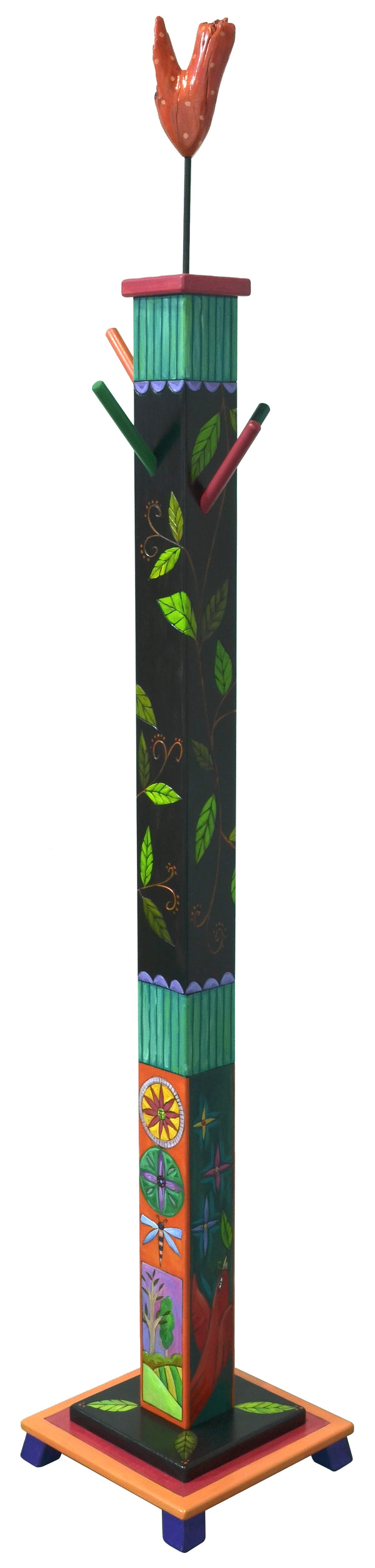 Colorful hand painted coat tree featuring contemporary florals and a heart finial