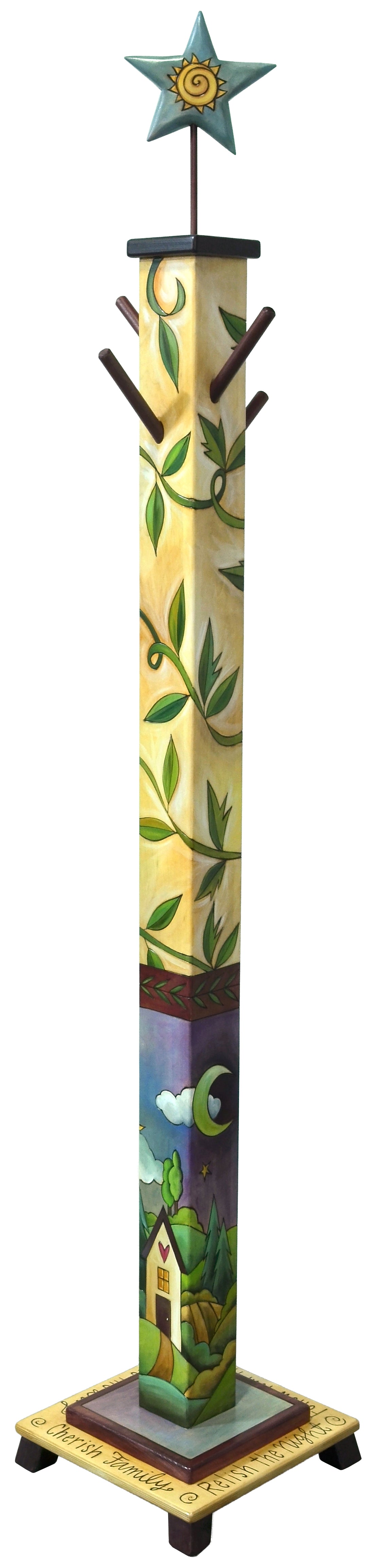 Handmade painted wooden coat tree with vines and a nature scene against a white background.