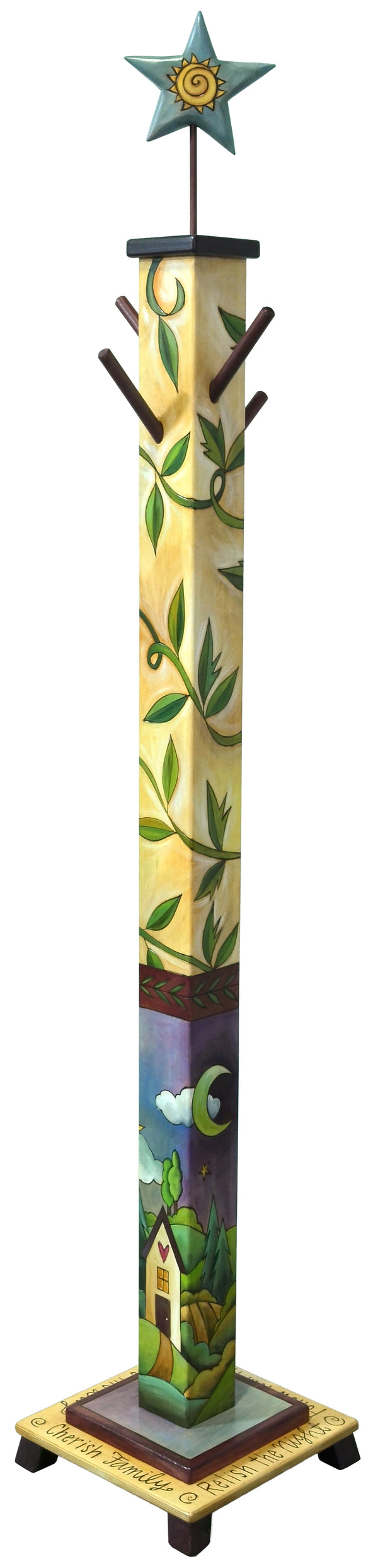 Handmade painted wooden coat tree with vines and a nature scene against a white background.