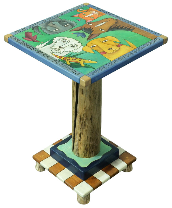 Small table with animal-themed design on top and wooden base