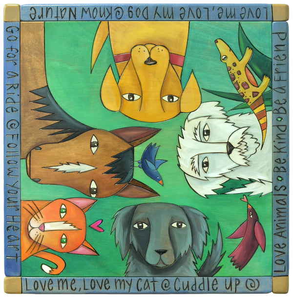 Top of animal themed martini table featuring dogs, a cat, a horse, birds, and a lizard on a green background.