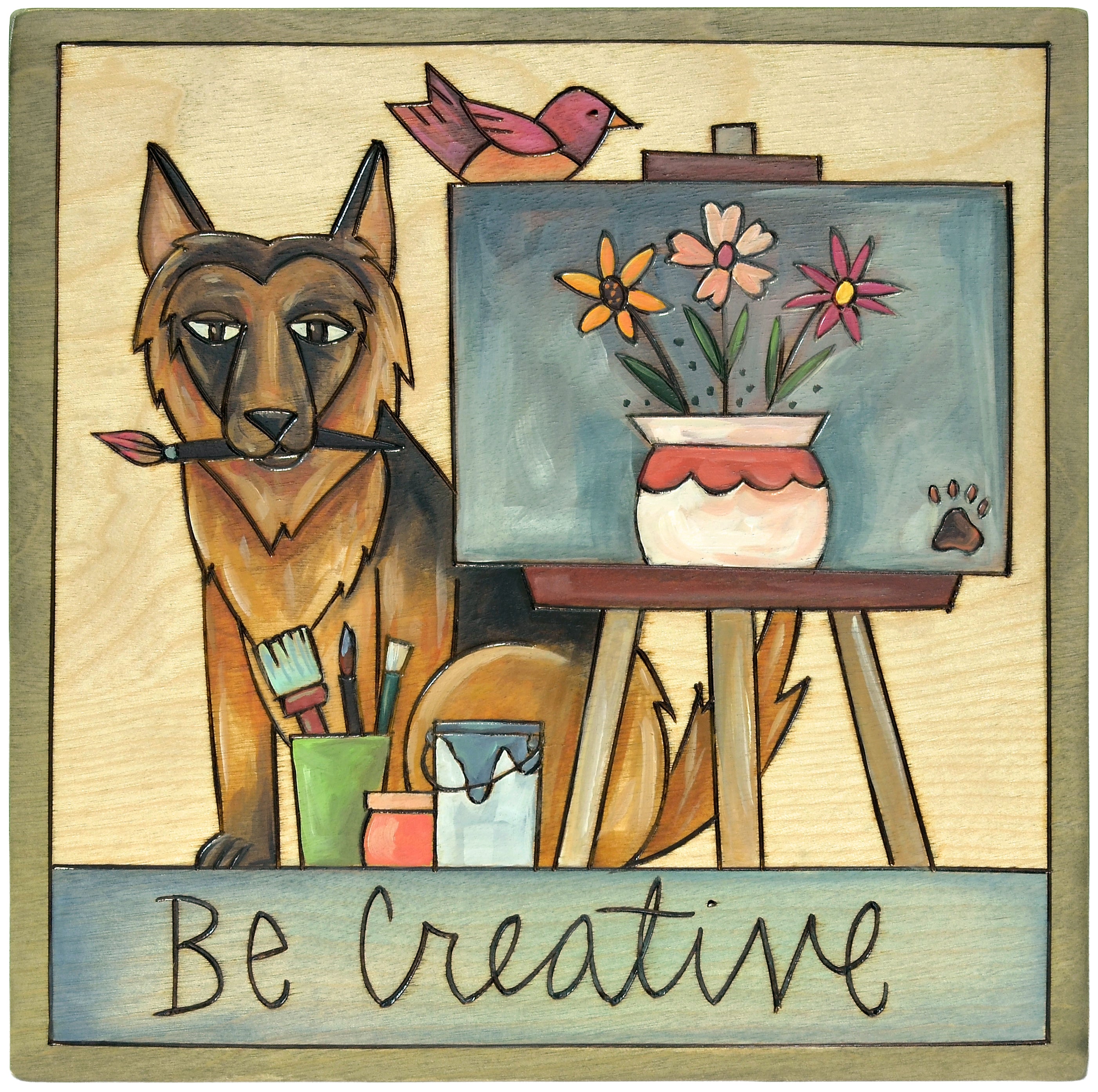 Artistic depiction of a German Shepherd dog with art supplies and a painting of flowers, with 'Be Creative' text.
