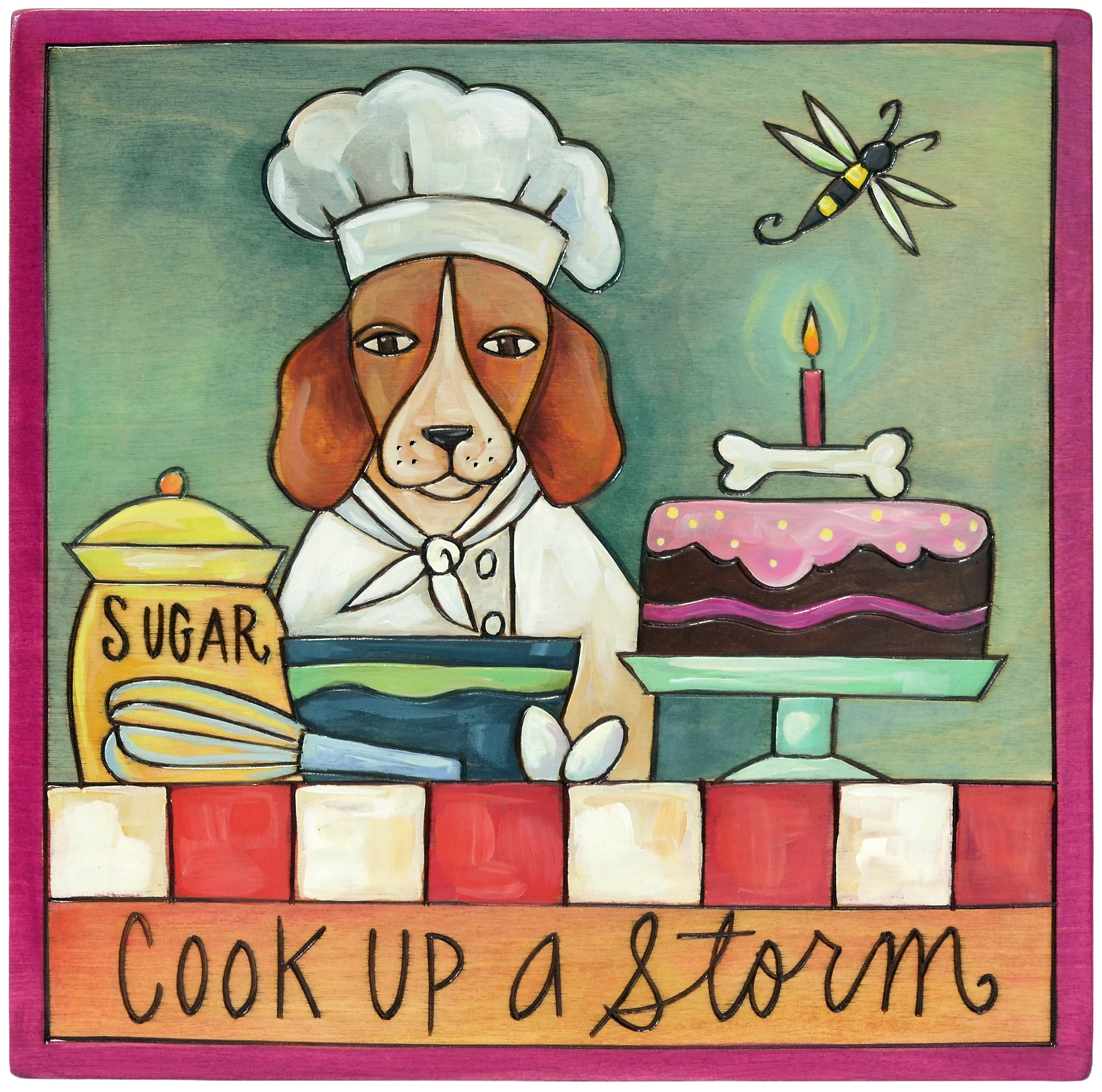 Artwork of a Beagle dog in a chef's hat with baking ingredients and a cake, with 'Cook Up a Storm' text.