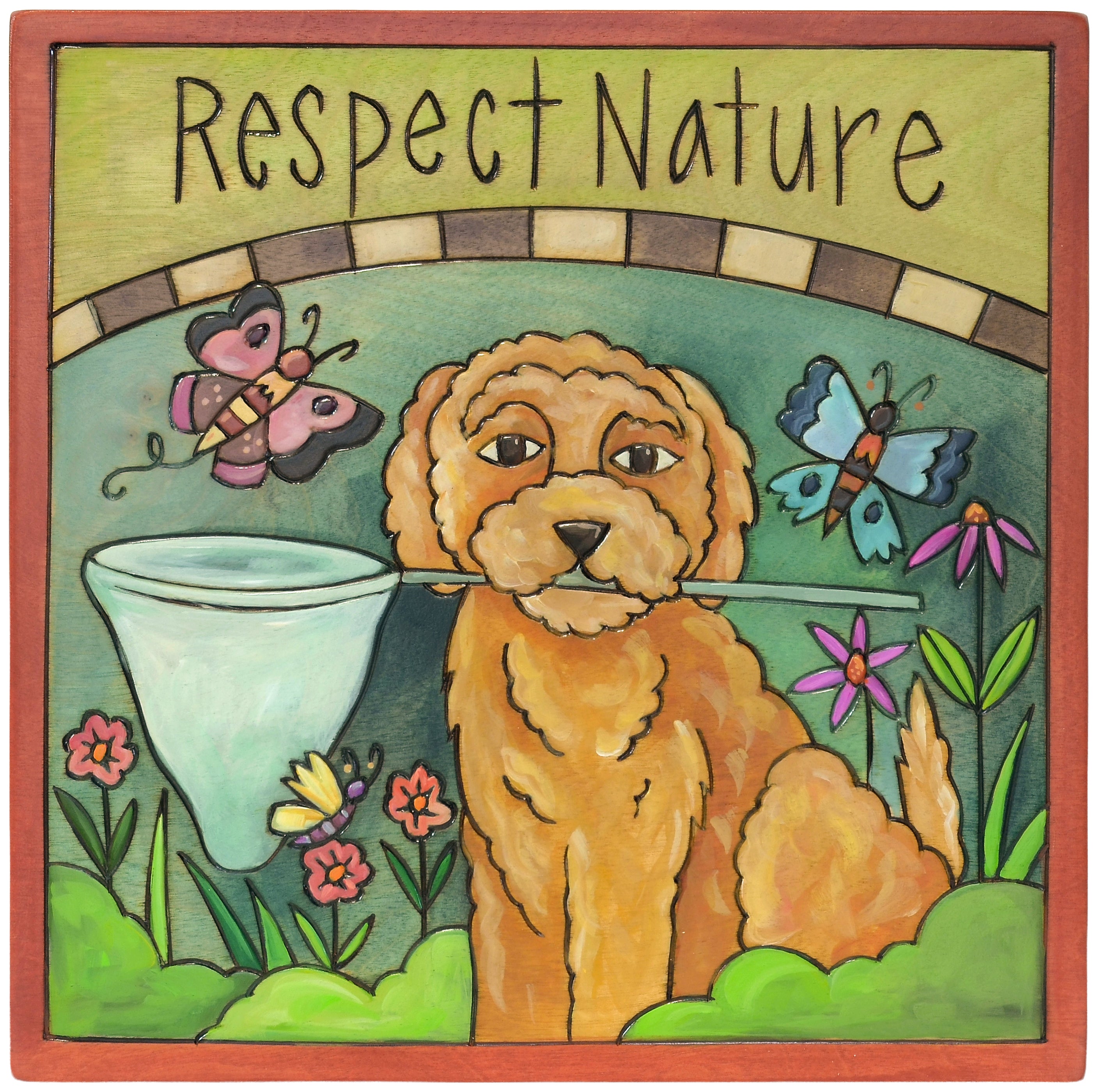 Decorative wood plaque with a dog, butterflies, and flowers, featuring the text 'Respect Nature'.