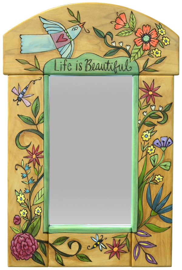 Decorative mirror with floral frame and 'Life is Beautiful' text