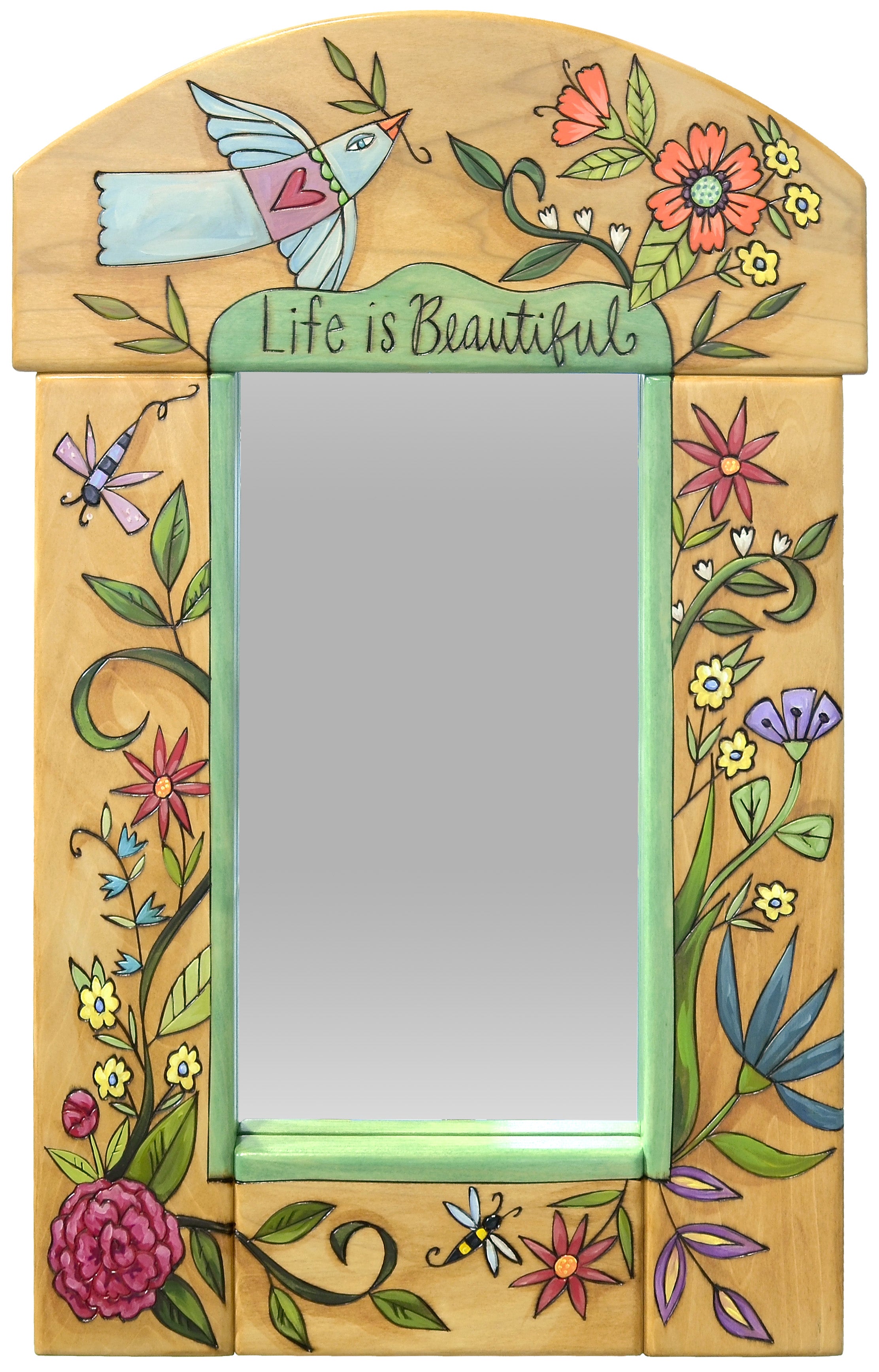 Hand painted birch mirror featuring an abstract floral design, peace dove, and 'Life is Beautiful' text on a white background