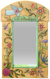 Hand painted birch mirror featuring an abstract floral design, peace dove, and 'Life is Beautiful' text on a white background