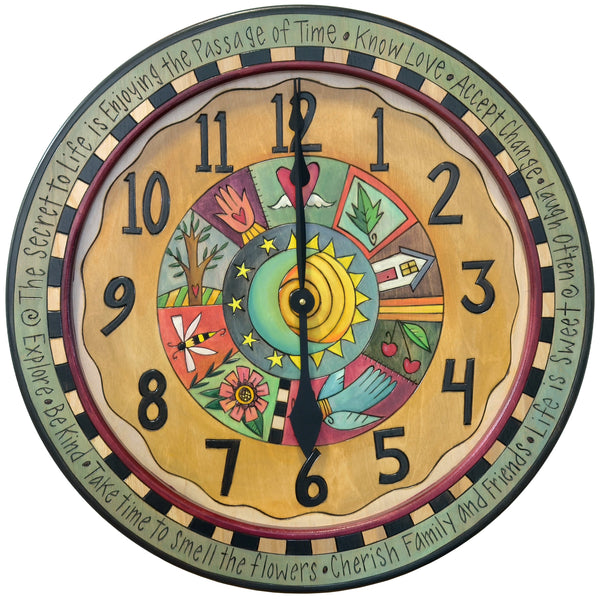 Decorative clock with colorful design and text on a white background