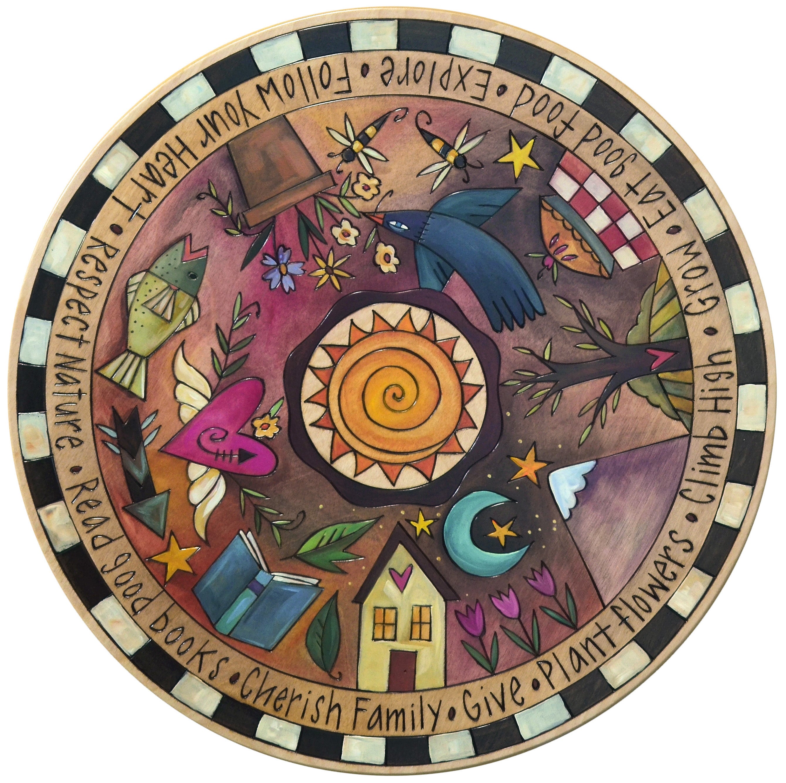 Decorative lazy susan with colorful illustrations and text on a white background
