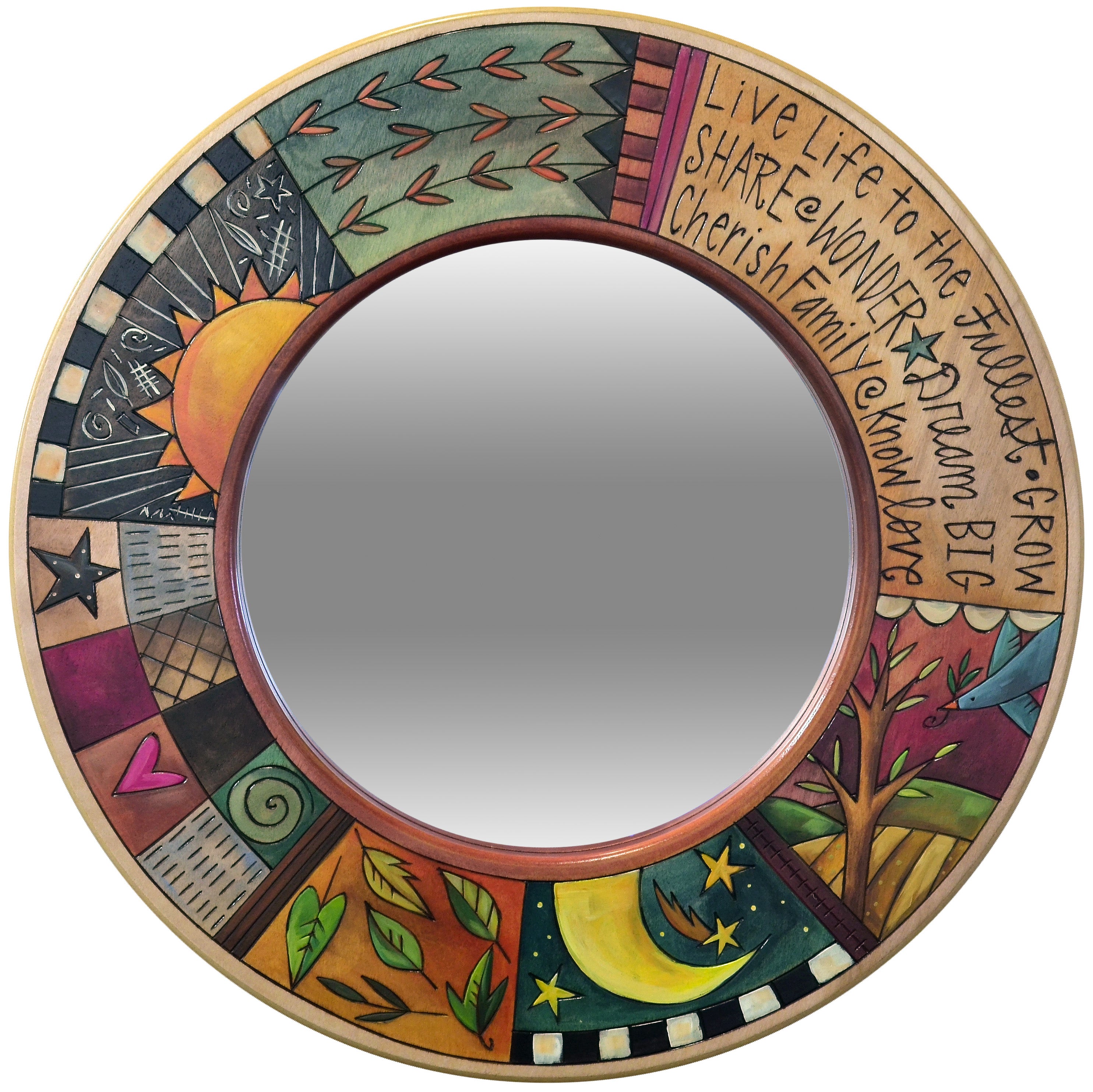 Round mirror with colorful decorative frame and inspirational text on a white background