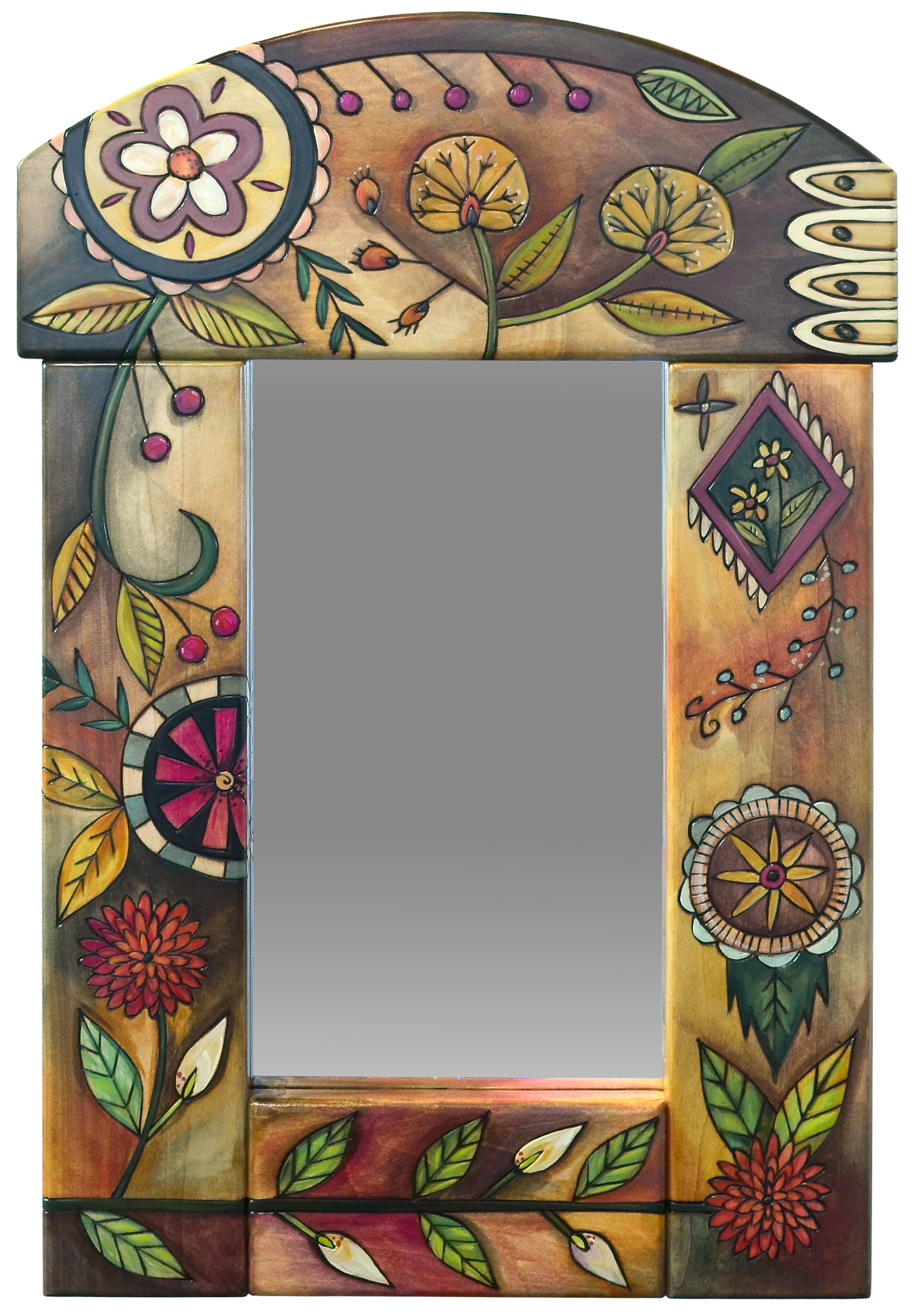 Decorative mirror with floral and abstract designs on a brown background