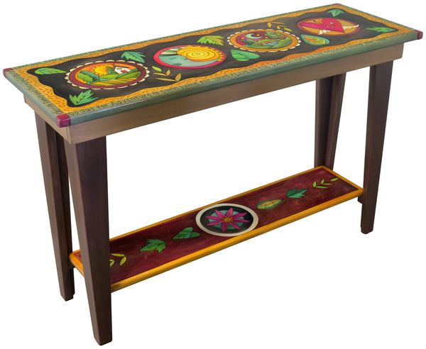Decorative sofa table with colorful painted design on a white background