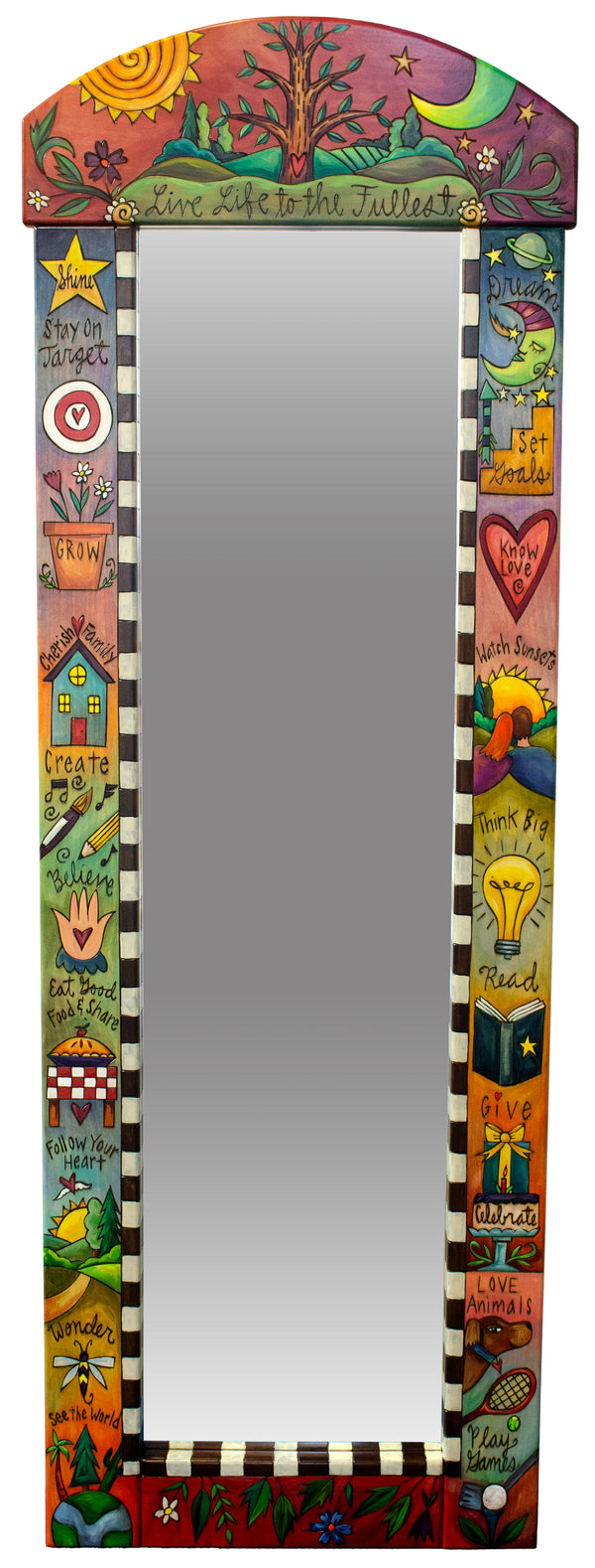 Decorative mirror with colorful frame featuring various symbols and text