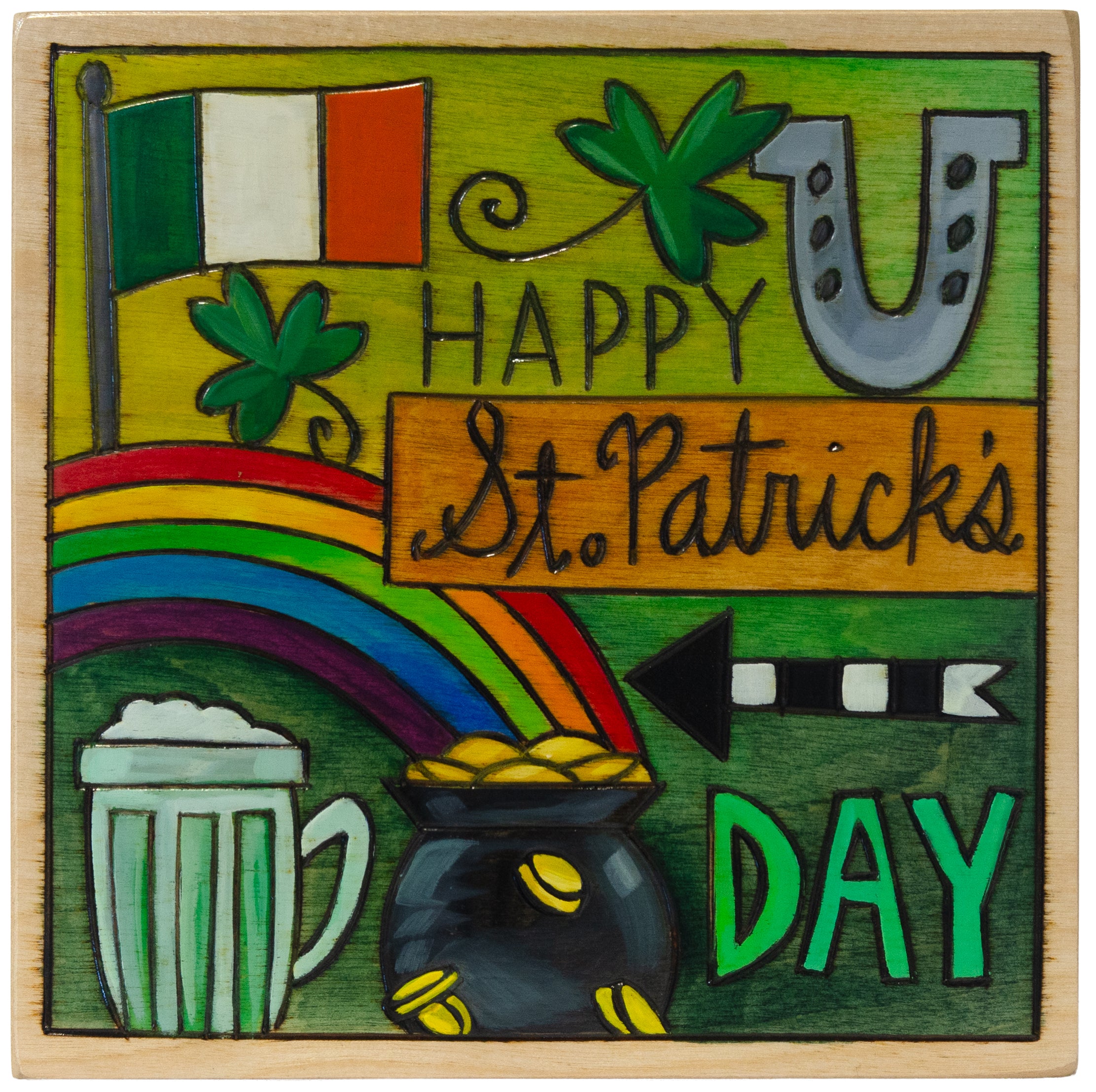 St. Patrick's Day-themed wooden wall artwork plaque with rainbow, pot of gold, and shamrock.