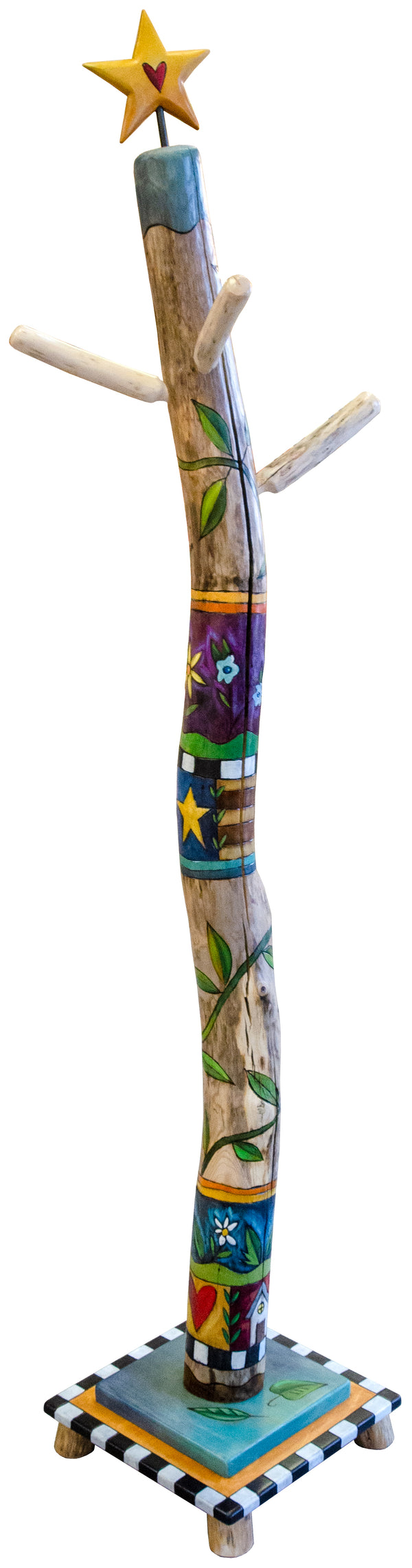 Decorative log coat tree with colorful patterns, stars, and flowers on a white background