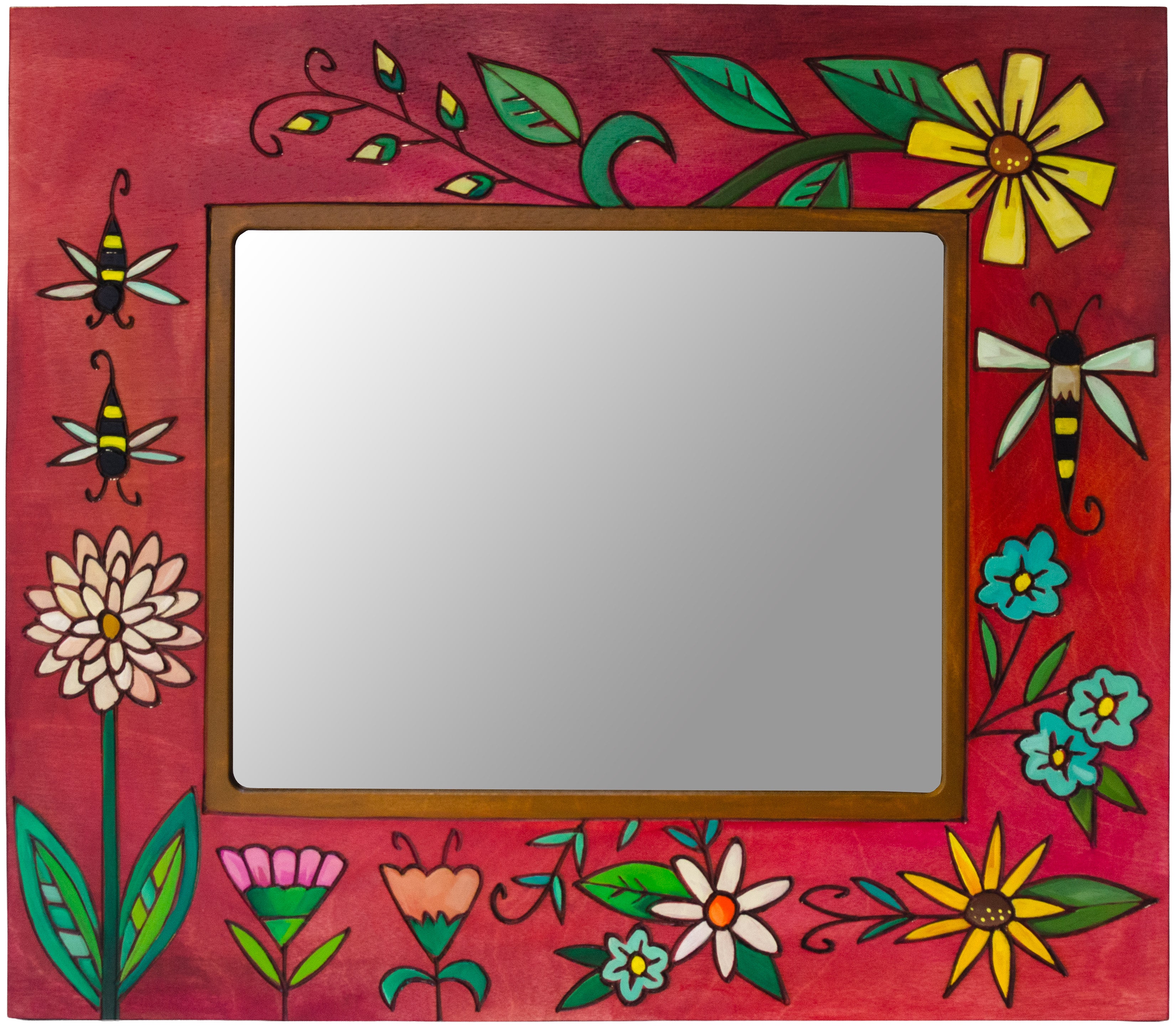 Decorative picture frame with floral and insect designs on a red background