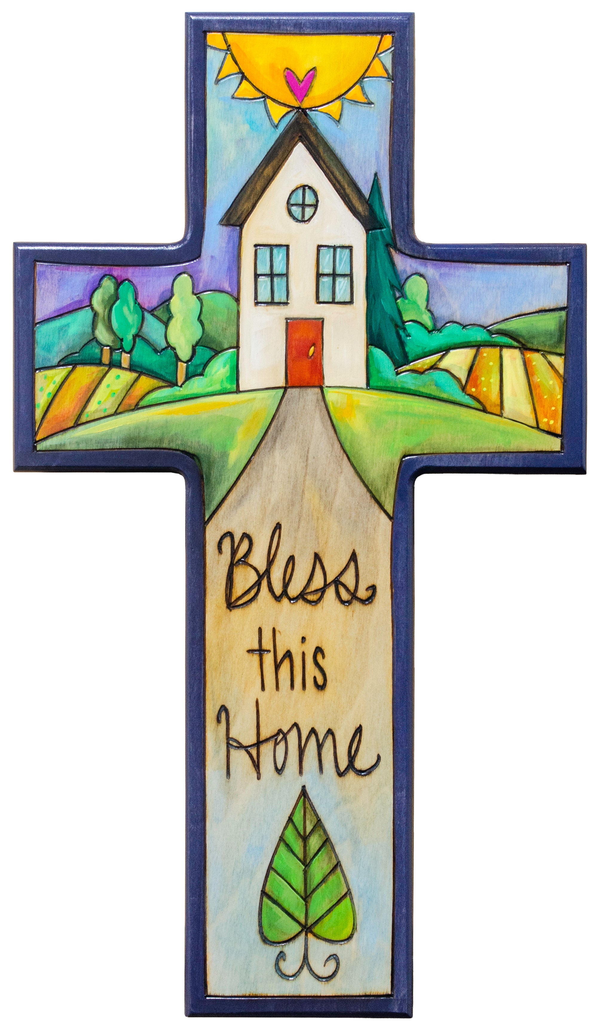 Decorative cross with a house illustration and 'Bless this Home' text on a white background