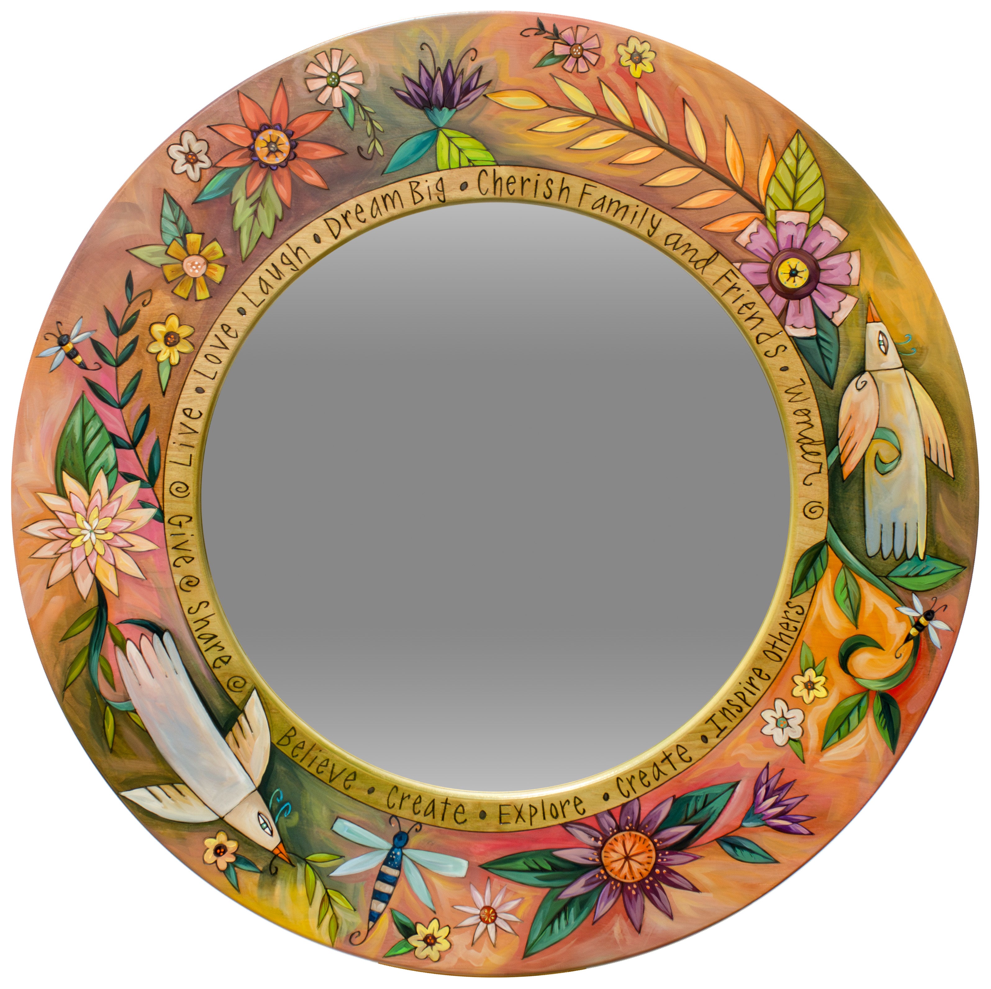 Decorative round mirror with colorful floral and nature-themed border on a white background