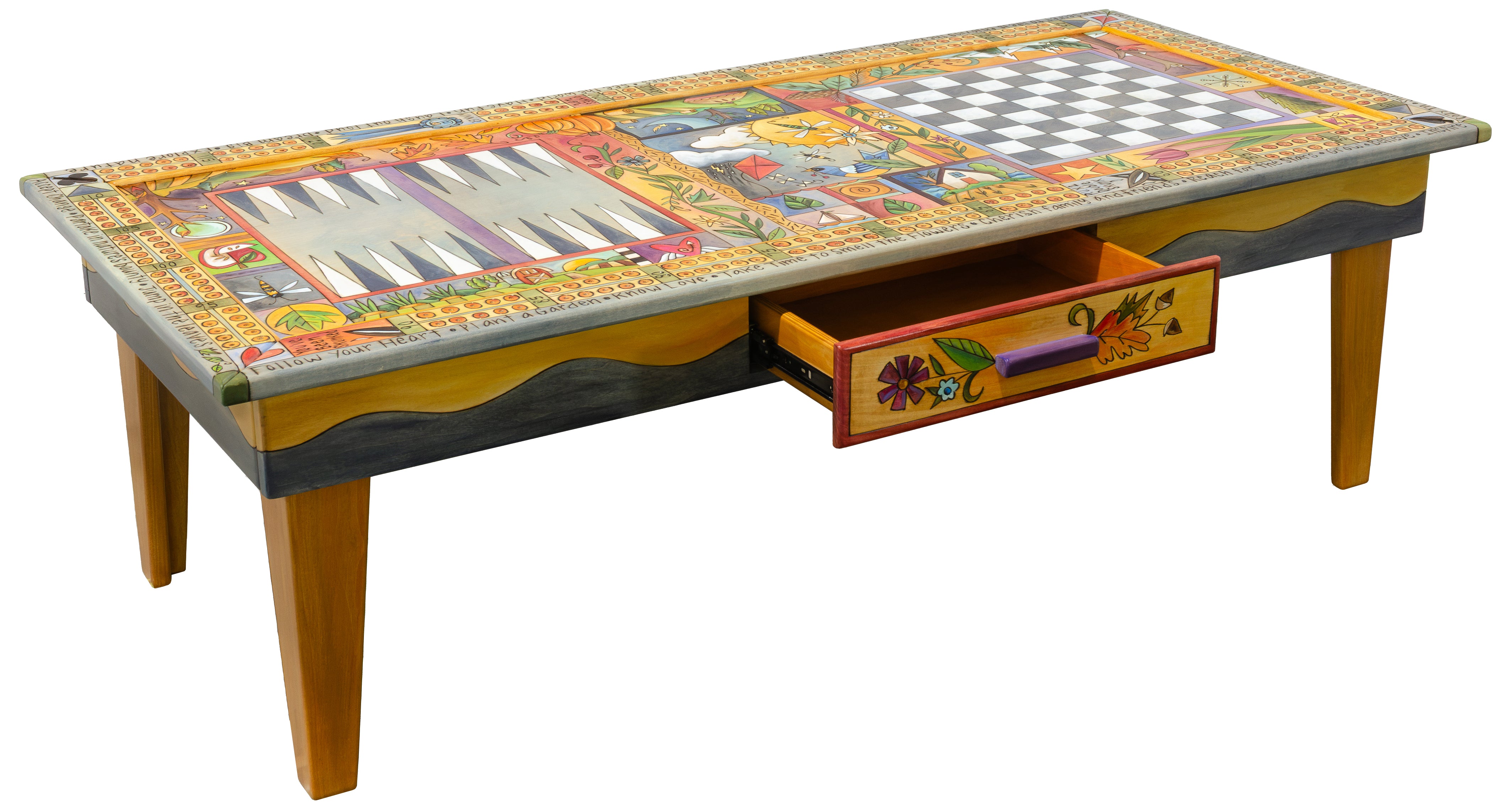A highly detailed, colorful folk art style game table. The game table is decorated with intricate illustrations of autumn landscapes, including pumpkins, corn, a sunset, a bird, and a small house, framed by a decorative border.