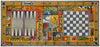 A highly detailed, colorful folk art style game table. The game table is decorated with intricate illustrations of autumn landscapes, including pumpkins, corn, a sunset, a bird, and a small house, framed by a decorative border.