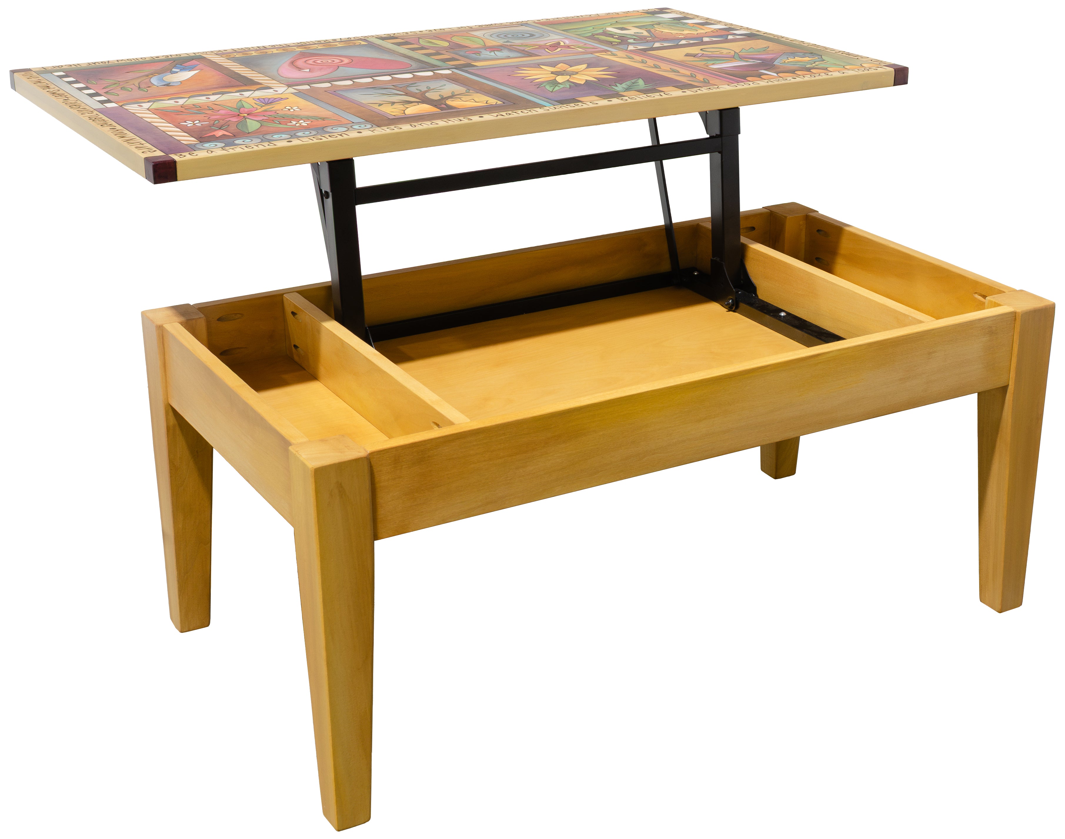 A wooden lift-top storage coffee table with a light natural wood frame, a black metal support frame, and a colorful mosaic tile patterned tabletop. The table is shown in the process of lifting, with the tabletop raised and the storage compartments underneath exposed, set against a plain white background.