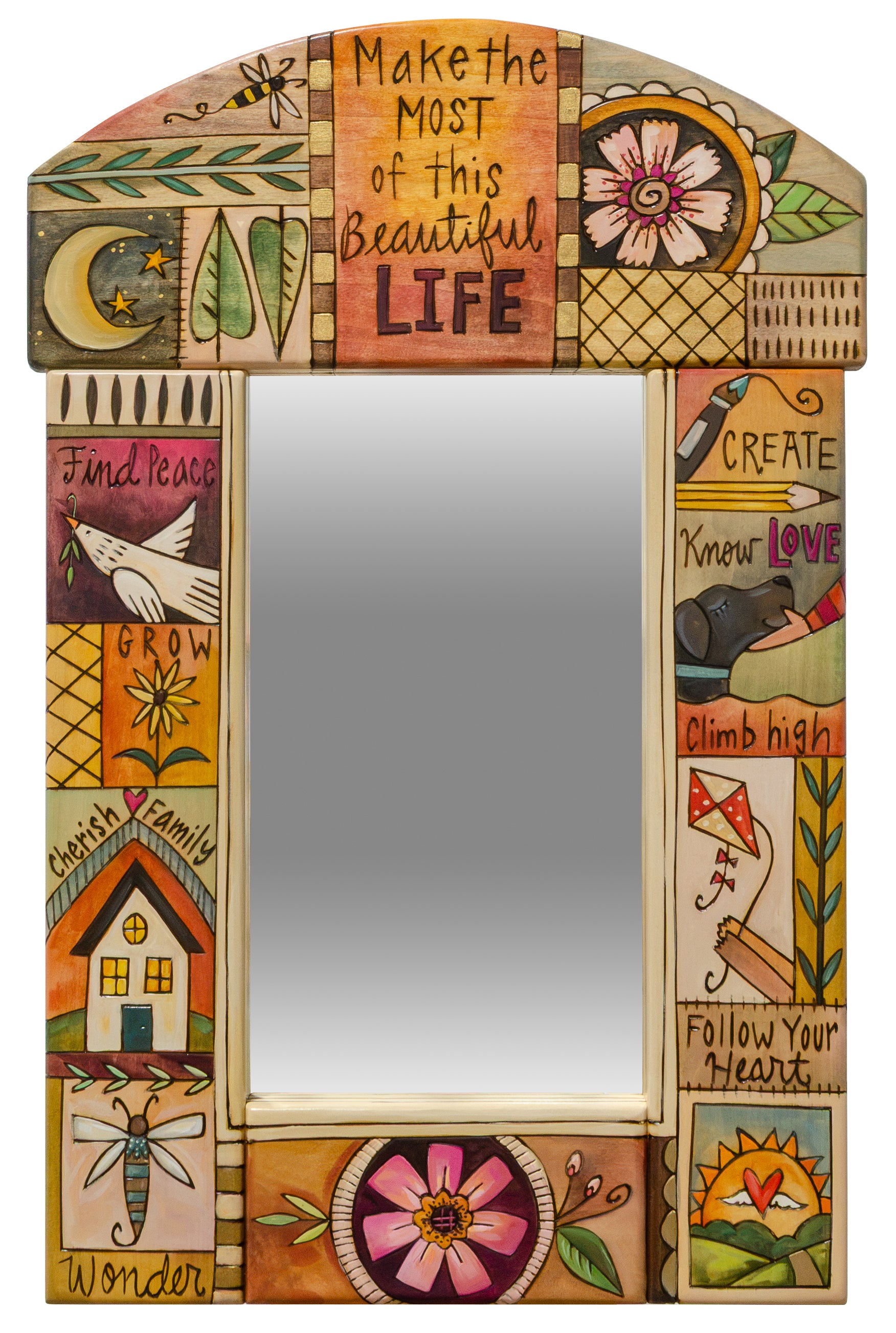 A decorative arched mirror with a hand-painted, rustic patchwork frame featuring colorful folk art illustrations, inspirational text like 'Make the most of this beautiful life' and 'Wonder', and a central reflective mirror.