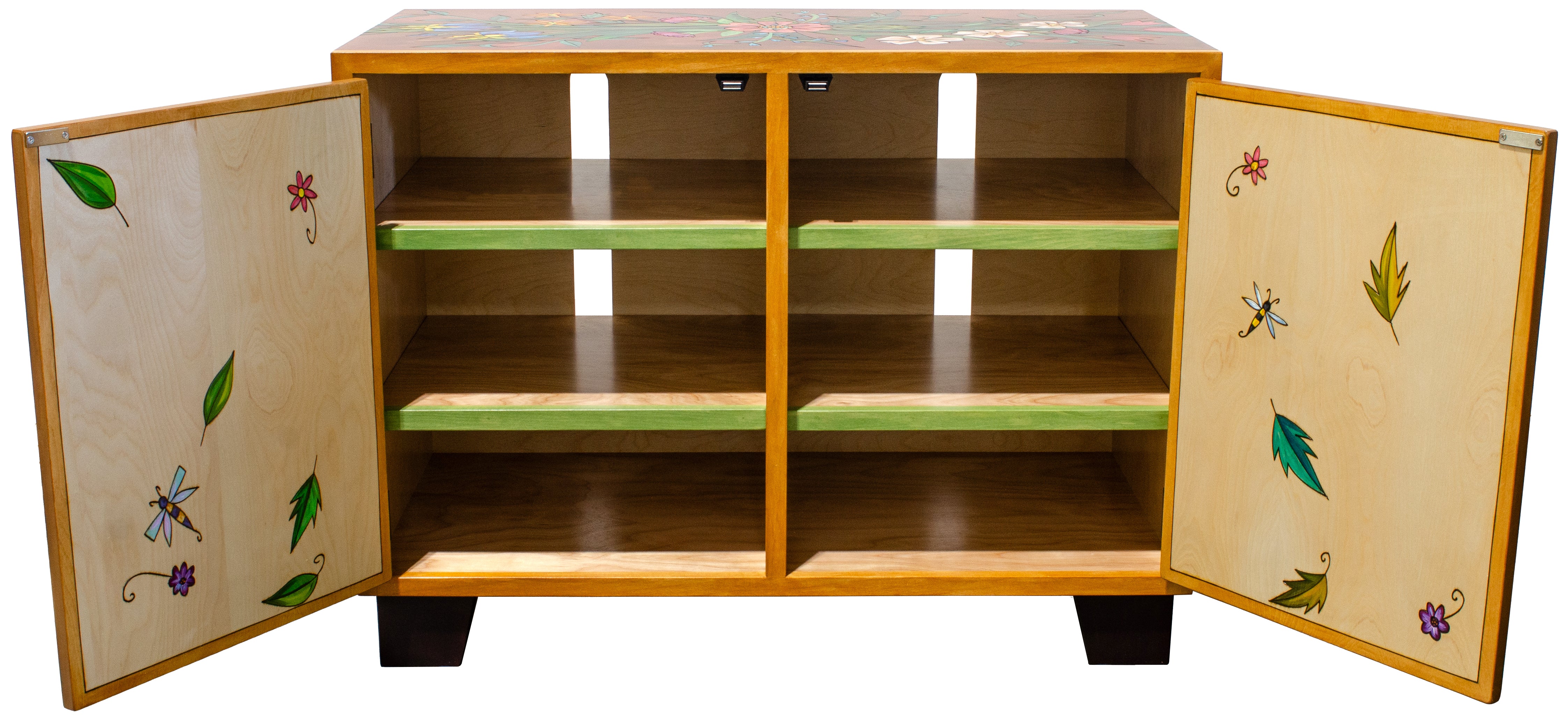 Wooden cabinet with open doors showing green shelves and decorative elements.