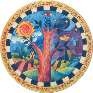 "Dancing Birds" Lazy Susan – "Cherish Family and Friends" lazy susan with sun, moon and tree motif front view