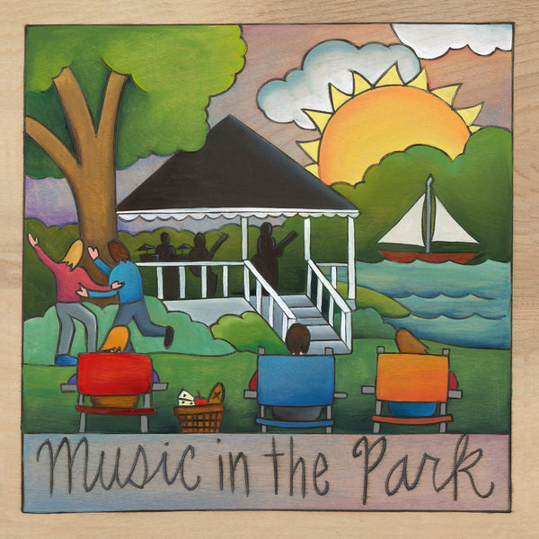 Illustration of a park scene with people, a gazebo, and a sailboat, featuring 'Music in the Park' text.