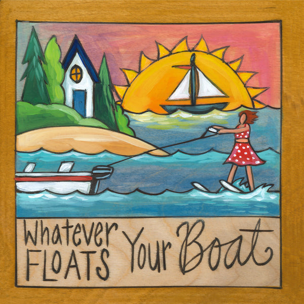 Colorful illustration of a woman waterskiing with a boat, sun, and island in the background, with 'Whatever Floats Your Boat' text.