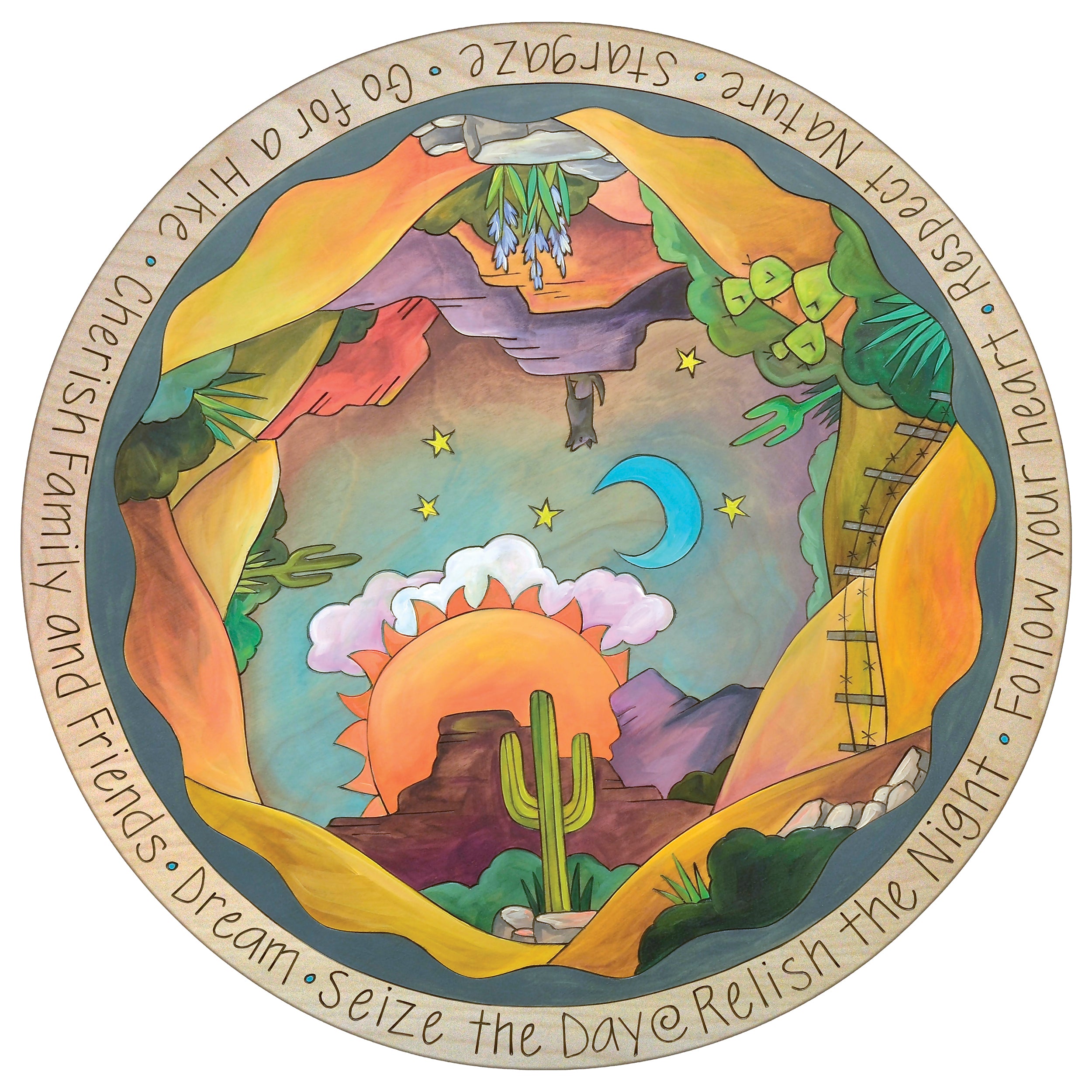 Decorative lazy susan with desert landscape, cactus, and motivational phrases on a white background