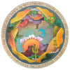 Decorative lazy susan with desert landscape, cactus, and motivational phrases on a white background