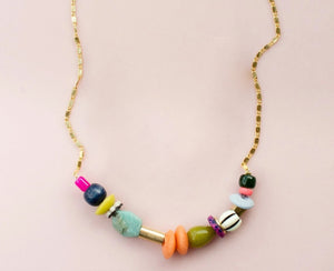 Colorful vibrant beaded gold chain filled necklace
