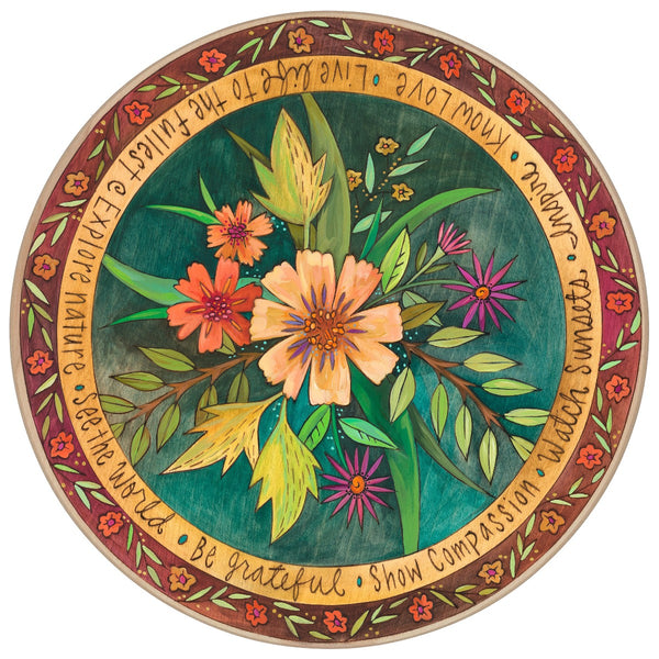 Floral design and word border for a decorative wood lazy susan