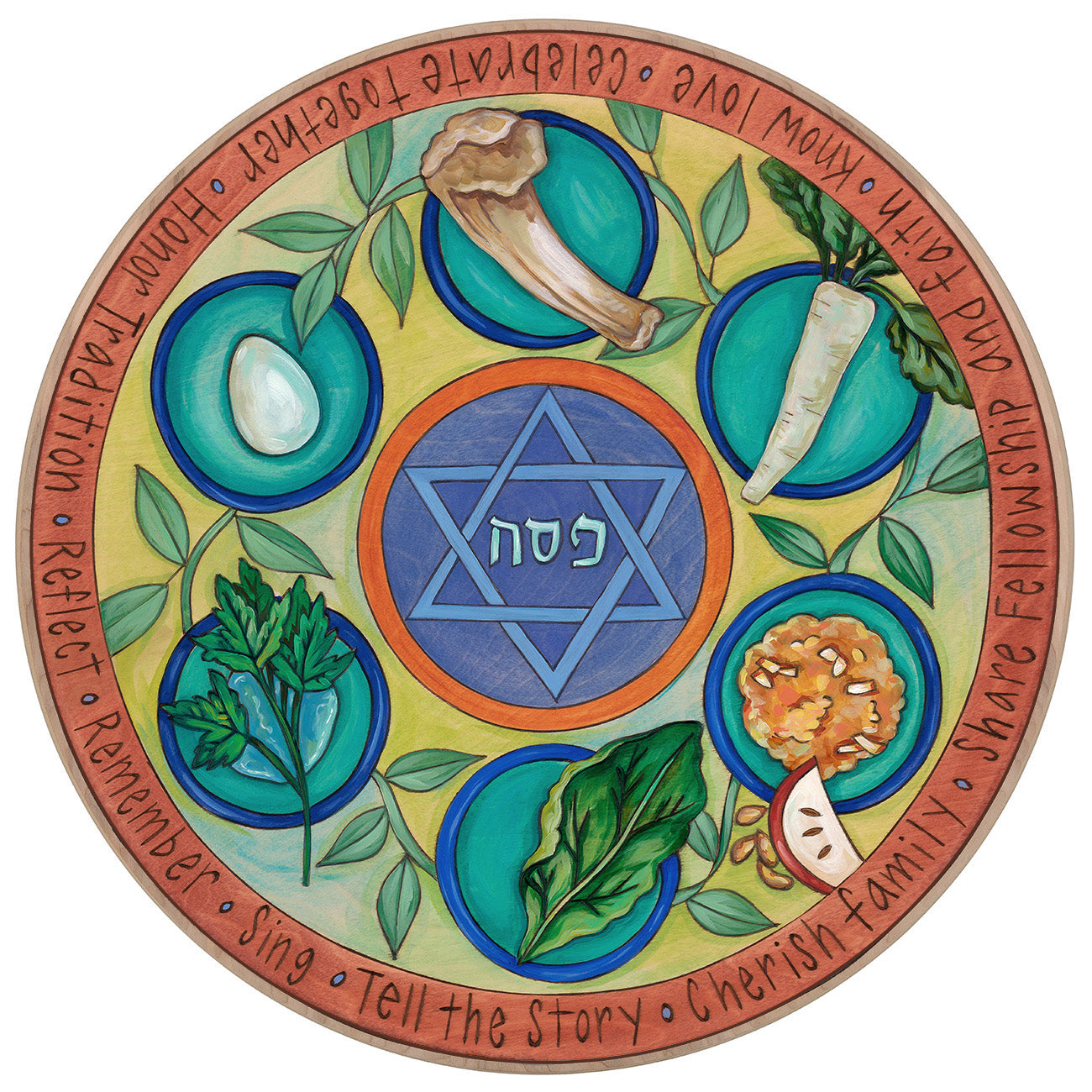 Seder meal design on a wood lazy susan