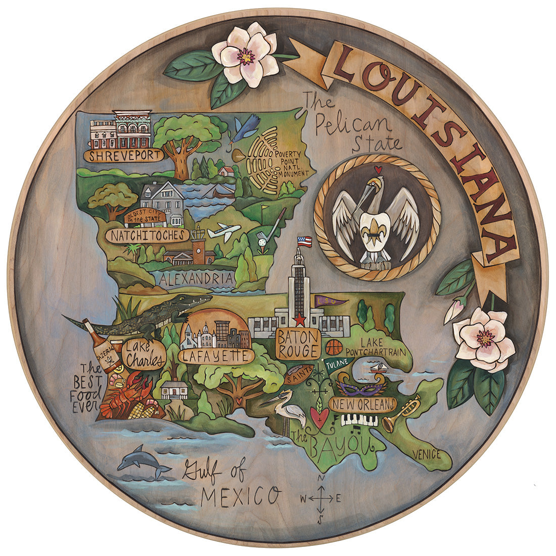 Louisiana map design on a wood lazy susan