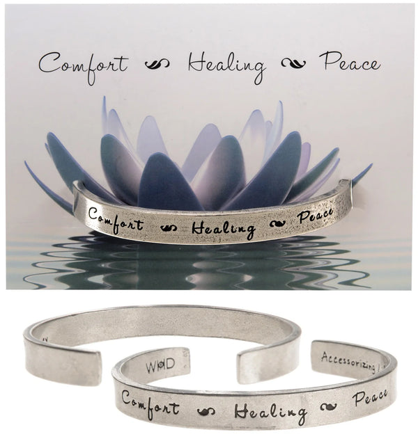 "Comfort. Healing. Peace." Metal Cuff Bracelet