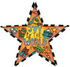 A five-pointed star-shaped Christmas tree topper featuring the words 'JOY to THE WORLD' in blue and yellow lettering. The Christmas tree topper is decorated with colorful holiday illustrations including a mug of hot cocoa with whipped cream, a wrapped gift, a candy cane, holly, a striped ornament, and a striped border, set against a plain white background.