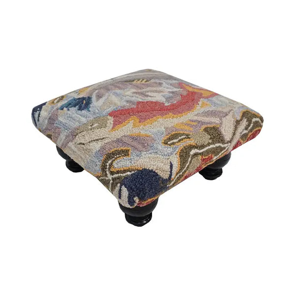 Wool Hooked Foot Stool | Deep Water