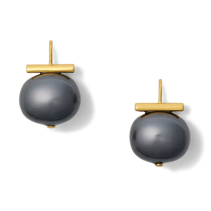 Pair of earrings with gold bars and gray pearls  on a white background